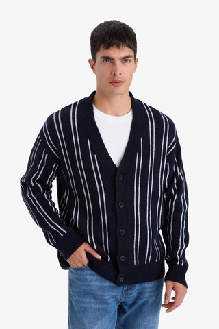 Defacto Relax Fit V Yaka Çizgili Düğmeli Triko Hırka F7279ax25wnnv64 Lacivert-nv64