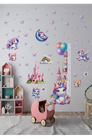 Unicorn Temalı Gökkuşağı Renkli Boy Ölçerli Duvar Sticker Seti - Mat, Sökülebilir, Çocuk Odası Dekoru