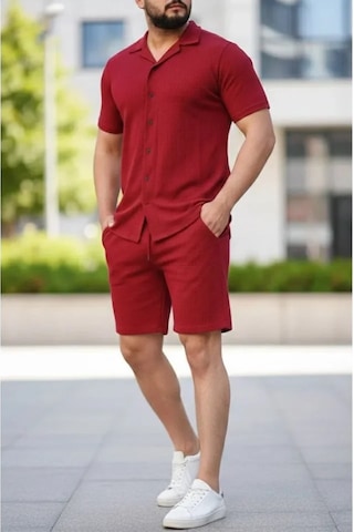 Efnaz Style Erkek Waffle Kumaş Kısa Kollu Gömlek Şort Takım Regular Fit Yazlık İkili Set - Bordo