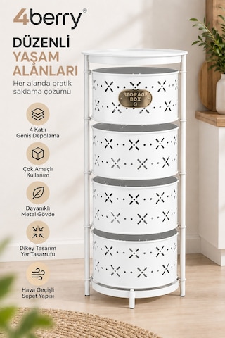 4 Katlı Metal Çok Amaçlı Düzenleyici Sepet Mutfak Sebzelik, Oyuncak, Banyo Ve Ev Organizeri Beyaz