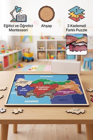 Benim Güzel Vatanım Ahşap Türkiye Haritası Ve Bayrağı Eğitici Montessori Çocuk Puzzle