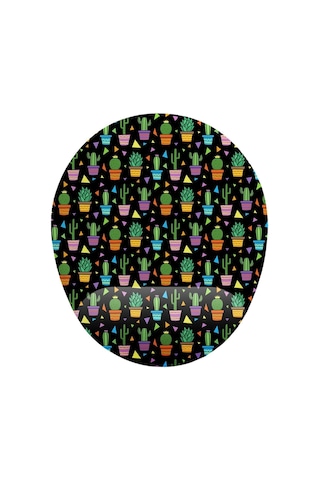 Kaktüs Desenli Siyah Zemin Bilek Destekli Kaymaz Buruşmaz Kırılmaz Mouse Pad