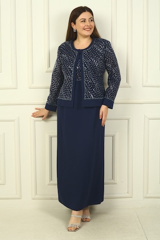 Kadın Boncuk Pul İşlemeli Tül Ceket Yarım Ay Kollu Uzun Elbise Astarlı Büyük Beden 2'li Takım Lacivert
