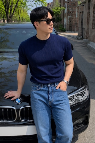 Tarz Cool Old Money Fit Bisiklet Yaka Çizgili Triko T-shirt Slim Kalıp Premium Lacivert