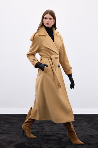 Sateen Geniş Yaka Uzun Kaban - Camel-136666 Camel