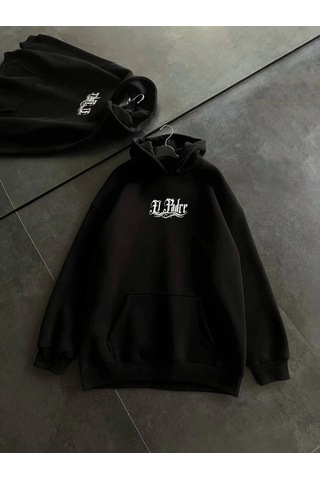 Valensdesign Üç İplik Penye Uzun Kol Kapşonlu Baskılı Sweatshirt - Siyah