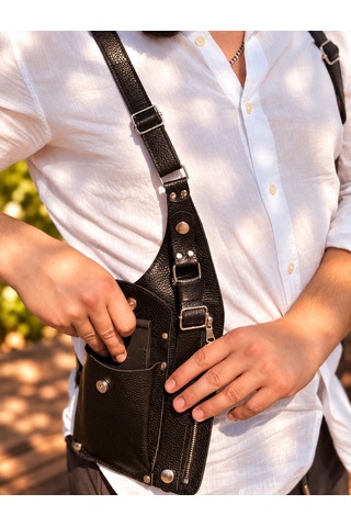 Hemlabel Hakiki Deri Erkek Göğüs Çantası Edc Holster Telefonluk Kişiye Özel El Yapımı Siyah