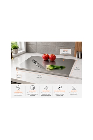 Stellica Paslanmaz Çelik 50 Cm X 40 Cm Tek Bükümlü Metal Tezgah Koruyucu Çok Amaçlı Kesme Tahtası Gri