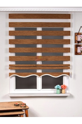Bambu Koyu Ahşap R-16 Stor Zebra Perde Etek Dilimli Alüminyum Kasa Kahverengi 100 x 200