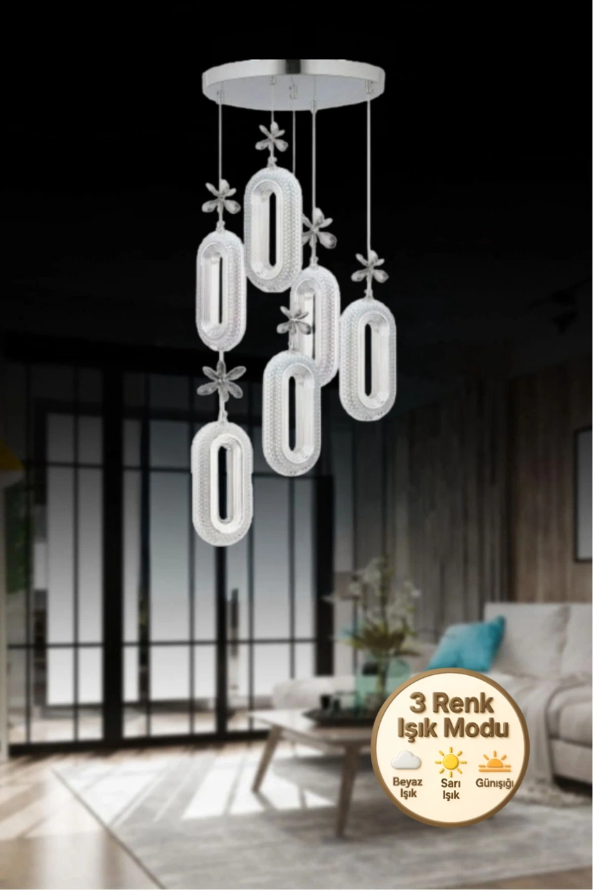 Eclipse Model 6'lı Gümüş 3 Renk Modu Ledli Kristal Taşlı Modern Salon Mutfak Oturma Odası Led Avize Gümüş
