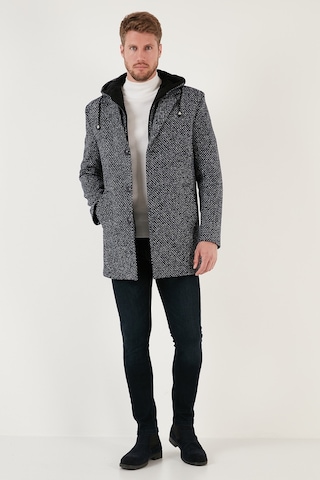 Buratti Çıkarılabilir Kapüşonlu Kırçıllı Slim Fit Kaşe Erkek Kaban 5841013 Lacivert Noktalı