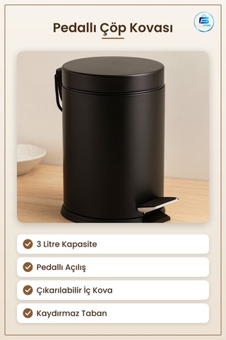 3l Pedallı Metal Çöp Kovası Siyah Toz Boya Kaplı Pas Dayanımlı Ba