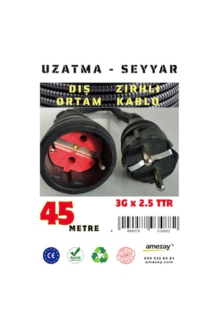 45 Metre Dış Ortam Spiral Zırhlı Uzatma Kablosu - G3x2.5 Kablo Kesiti 45 Metre