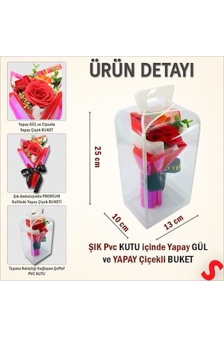 Pvc Kutulu,kırmızı Güllü Yapay Çiçek Buketi 25cmx13cm Renkli