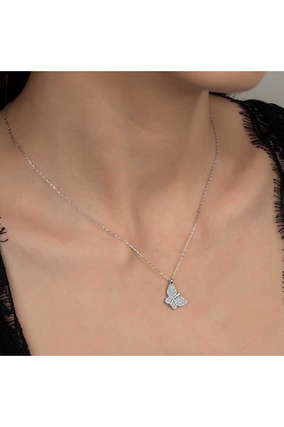 925 Ayar-- Swarovski Taşlı Gümüş Kelebek Bayan Kolye