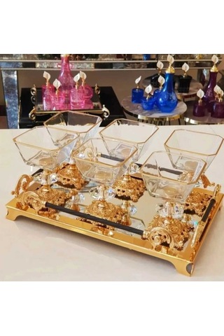 Çnr Home Collection Karen 7 Parça Döküm Ayaklı Sunumluk Seti Magnolia Dondurmalık Jup & Salata Kase Seti Gold