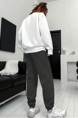 Modagen Kadın Antrasit Beyaz Brooklyn Baskı Oversize Bisiklet Yaka Alt Üst Eşofman Takımı Antrasit-beyaz