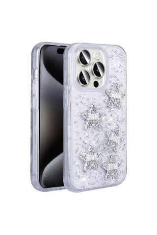 Apple Uyumlu iPhone 15 Pro Max Kılıf Airbagli Simli Arka Yüzey Zore Işıltı Silikon Kapak Beyaz-yıldız