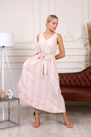 Aymeravm - Kemerli Çizgili Kalın Askılı Kadın Elbise - Mas0506Ga