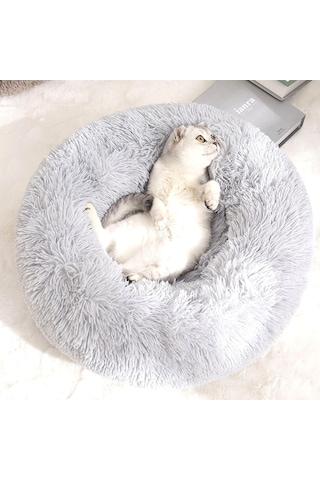 Kedi Yatakları İç Mekan Yuvarlak Donut Evcil Hayvan Yatağı Kaymaz Tabanlı Peluş Sakinleştirici Kedi Yatakları K