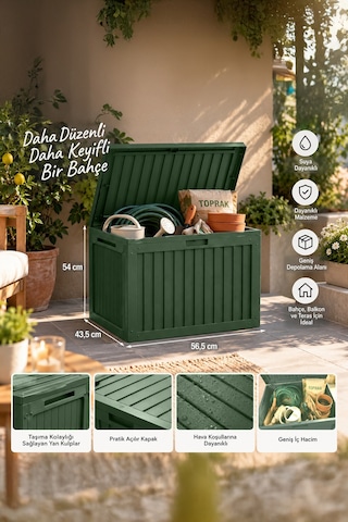 Porsima 161001-005 130lt Kilitli Organizer Kapaklı Bahçe Balkon Kiler Sandığı Çok Amaçlı Depolama Sandığı Yeşil Yeşil