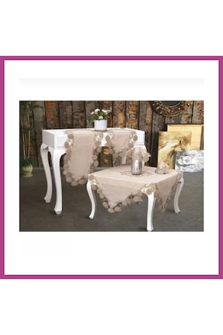 Gees Global Flowers Model Kapiçino 5 Parça Keten Dantelli Runner Seti Zarif Salon Takımı Gbzs