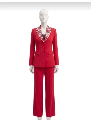 Orvelia Yaka İri Kristal Taş İşlemeli Tailored Kırmızı Blazer Ceket Ve Pantolon Takımı Vermililion