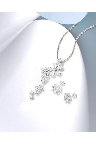 Brezza Lusso Jewelry Çiçek Demeti Elegant Stylish Night Kadın Gümüş Kolye Küpe Seti