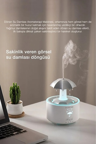 Şemsiye Tasarımlı 300 Ml Ultrasonik Aroma Difüzörü Led Yağmur Efektli Kumandalı Hava Nemlendirici