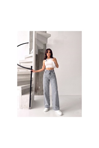 Kene Jeans Ön Taşlı Gri Kar Denim Wide Leg/bol Paça Pantolon Gri Kar