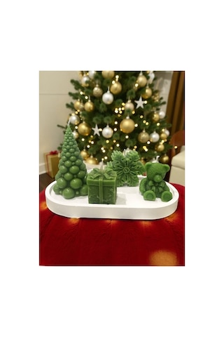 Yılbaşı Chrismas Noel Dekoratif Mum Seti 5 Li Çam Ağacı, Ayıcık, Hediye Kutusu, Kartanesi,tabak