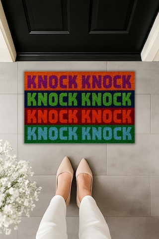Rugmood Renkli Knock Yazılı Modern Kapı Önü Paspası Pop Art Dijital Baskılı Kaymaz Taban Paspas Çok Renkli