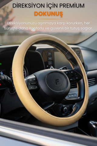 Direksiyon Kılıfı Universal Geçmeli Oto Direksiyon Kılıfı Premium Deri Kaymaz Kolay Montaj - Clsx2 Bej