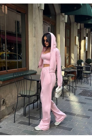 Evoa Kadın Pembe Dantel Detaylı Kapüşonlu Crop Hırka Palazzo Pantolon 3 Lü Takım