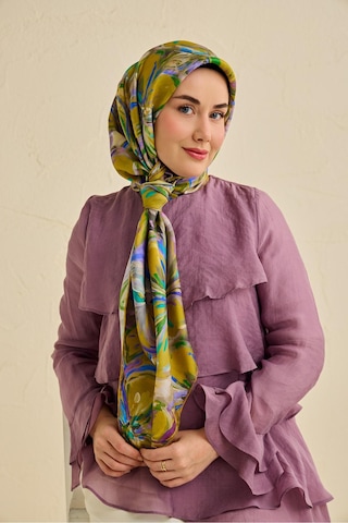 Silk Home Tivil İpek Eşarp Ist 11501- 02 Yağ Yeşili Çiçek Desen Bej