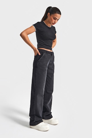 it's basic Kadın Taşlanmış Siyah Renk 2w5-1 Loose Fit Kadife Denim Parçalı Tasarım Denim Jean