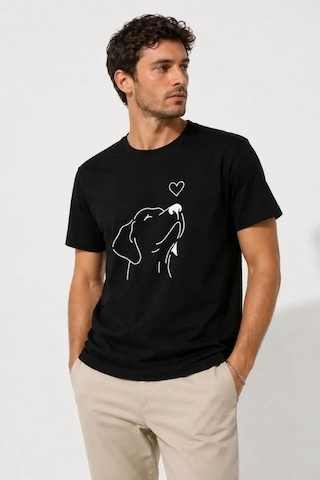 Defymoda Erkek Köpek Figürlü Minimal Baskılı Tişört Kısa Kol Yazlık T-shirt - Siyah