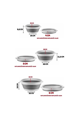 3 Adet Katlanır Leğen Seti Akordiyon Badya Seti - Katlanır Kova Çeyiz Seti 2.7 L-5 L-10 Litre Gri-beyaz