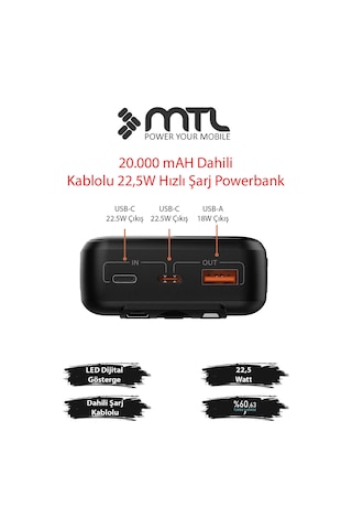 20000 Mah 22.5w Turbo Şarj Dahili Kablolu Dijital Led Göstergeli Pd Ve Qc 3.0 Powerbank Mt4320 Siyah