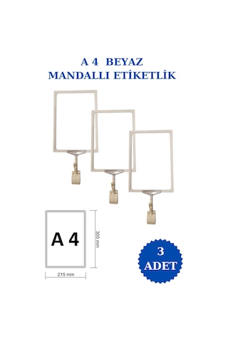 3 Adet Beyaz A4 Mandallı Raf Sepet Etiketi Çerçeveli Etiketlik Beyaz