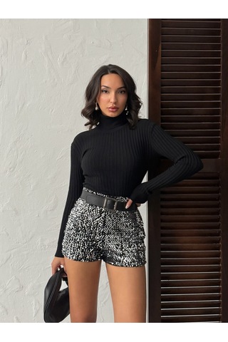 Verymoda Pullu Kadife Şort F2057 Siyah Gümüş