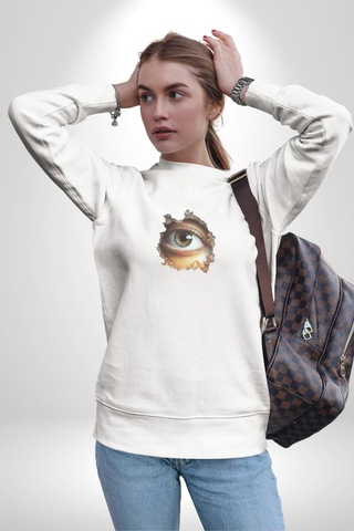 Duvardan Biri Bizi Gözetliyor Unisex Beyaz Baskılı Sweatshirt Beyaz