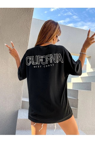 Kadın Siyah Oversiz California Baskılı Örme T-shirt Siyah-59002