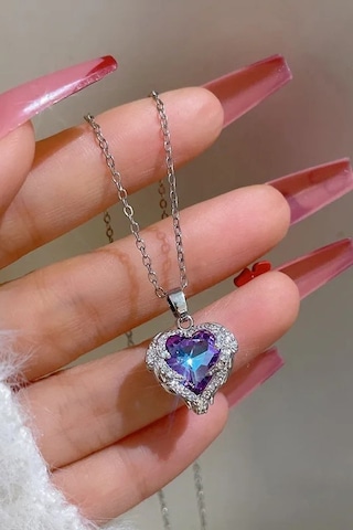 Takı Dükkanı Gümüş Renk Okyanusun Kalbi Kalpli Mor Taşlı Kadın Çelik Kolye Eck51 Gümüş