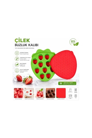 Qerhome Çilek Şekilli Silikon Buz Kalıbı Kapaklı Buzluk Çok Renkli