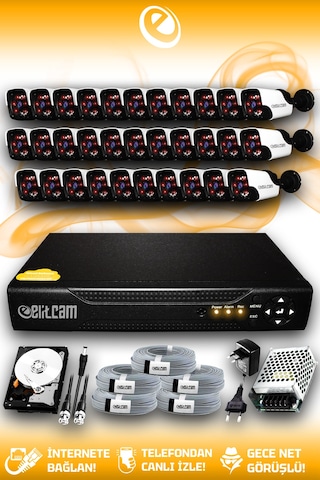 Elitcam 32 Kameralı Panda 32 Dış Kamera Set 500 GB HDD Full HD Gece Görüşlü Güvenlik Kamerası Sistemi