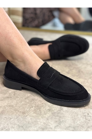 Günlük Kadın Düz Loafer Klasik Desenli Taban Zincirli Oval Burunlu Makosen Sade Şık Ayakkabı 130 Siyah- Süet
