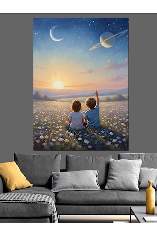 Ahşap Tablo Gün Batımında Gökyüzünü İzleyen Çocuklar Doğa Manzarası