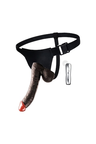 Erofoni Yeni Nesil Süper Realistik Titreşimli 23 CM Belden Bağlamalı Siyah Zenci Strapon Takma Vibratör Penis