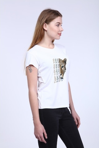 Newdesigner Kadın Beyaz Ön/Arka Tiger Baskılı V Yaka Tshirt Beyaz